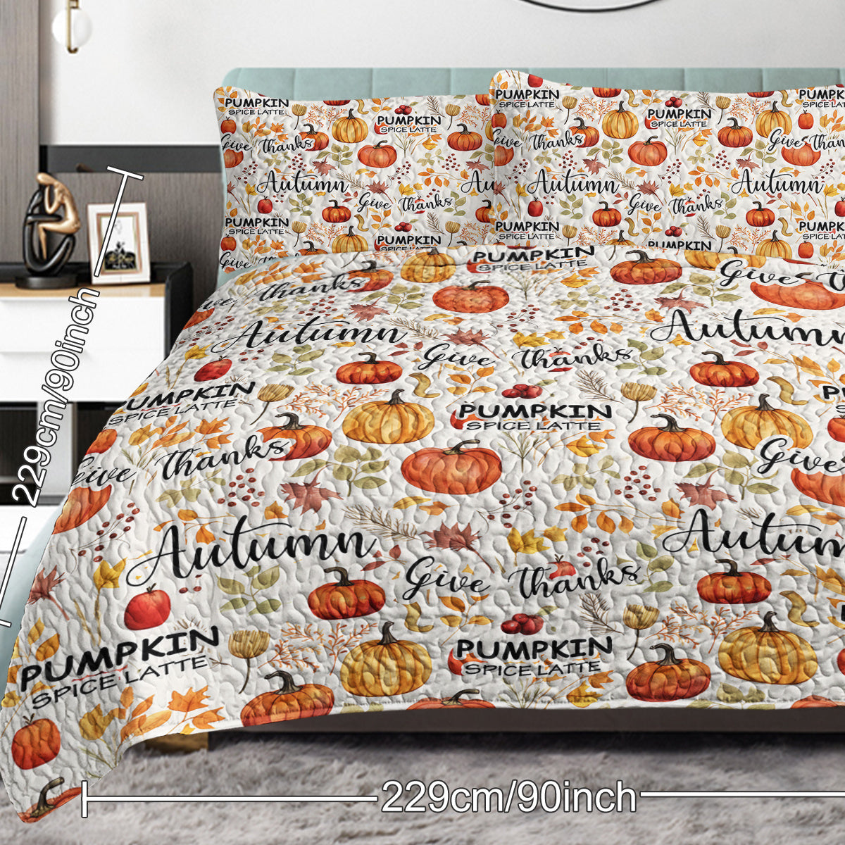 Pumpkin Autumn Leaves Design Quilt Set 3 Pieces Queen King Size All Seasons Bedding Quilt Bed Set With 2 Pillowcases For Kids Teens Adults Bedroom Decor Thanksgiving