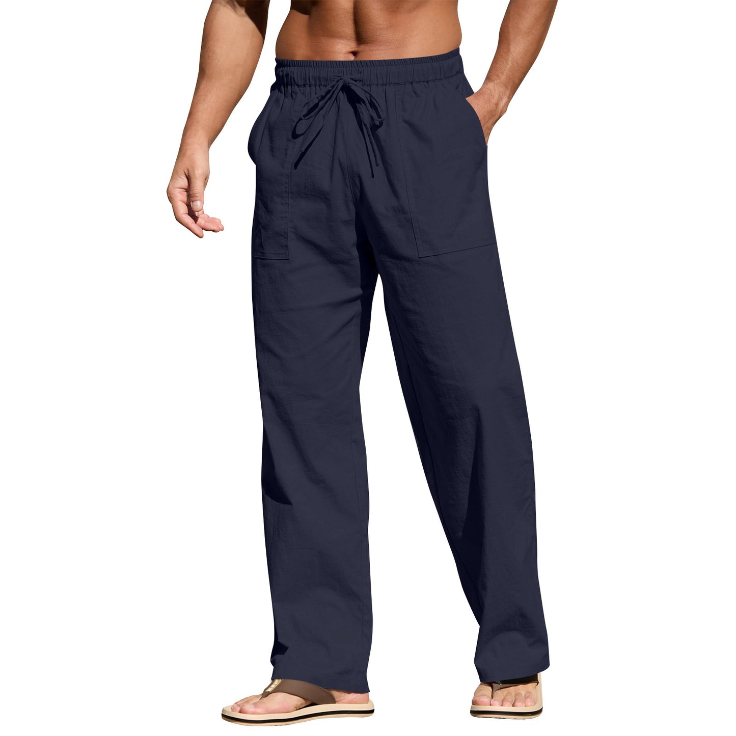 Men's Cotton And Linen Beach Trousers Drawstring Elastic Waist Straight Comfortable Breathable