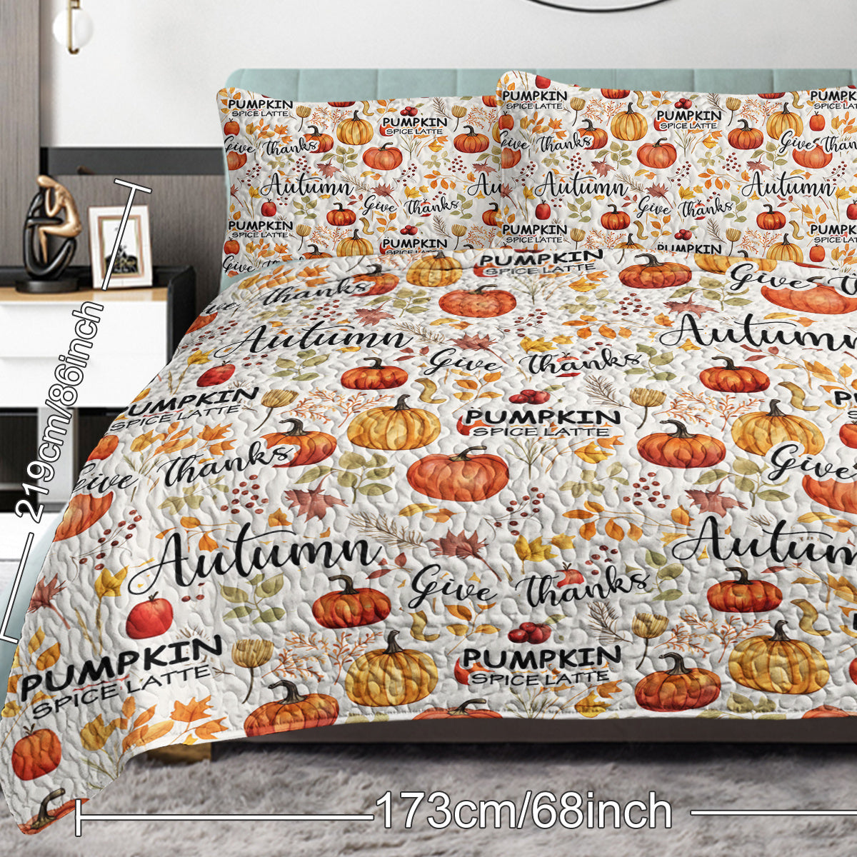 Pumpkin Autumn Leaves Design Quilt Set 3 Pieces Queen King Size All Seasons Bedding Quilt Bed Set With 2 Pillowcases For Kids Teens Adults Bedroom Decor Thanksgiving