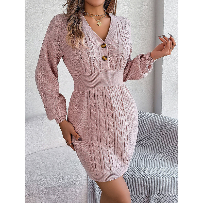 Women's Cable Knit Sweater Dress - V-Neck Button Front Lantern Sleeve Bodycon Mini Dress With Elastic Waist For Fall
