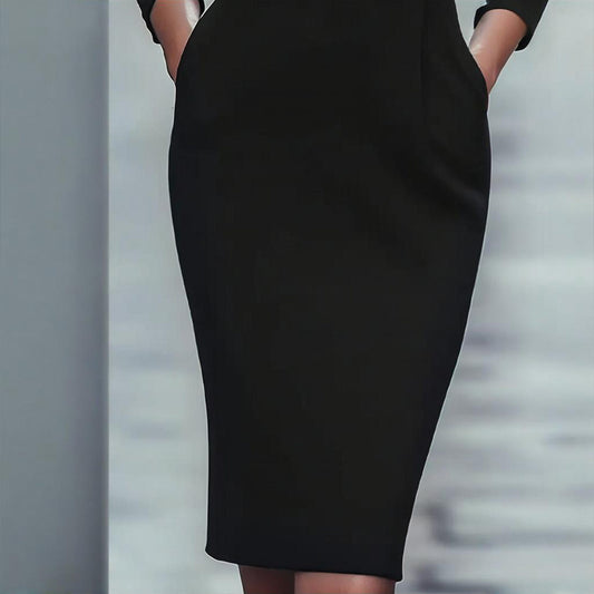 Women's Black Long Sleeve V-Collar Bodycon Dress With Belt Detail & Pockets - Formal Midi Dress For Fall Spring