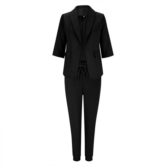 Women's Solid Color Long Sleeve Suit Set - Stylish Notch Lapel Blazer With Pockets & Drawstring Waist Pants, Spring&Fall Business Casual Outfit