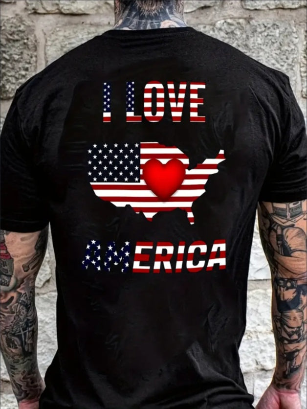 I Love America Print T-shirt, Men's Casual Street Style Stretch Round Neck Tee Shirt For Summer
