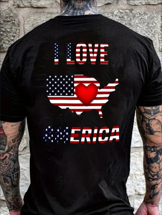 I Love America Print T-shirt, Men's Casual Street Style Stretch Round Neck Tee Shirt For Summer