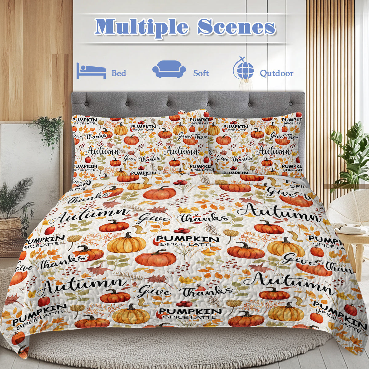 Pumpkin Autumn Leaves Design Quilt Set 3 Pieces Queen King Size All Seasons Bedding Quilt Bed Set With 2 Pillowcases For Kids Teens Adults Bedroom Decor Thanksgiving