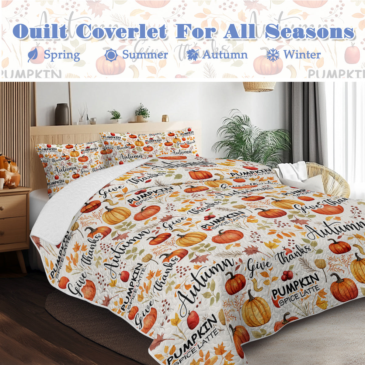 Pumpkin Autumn Leaves Design Quilt Set 3 Pieces Queen King Size All Seasons Bedding Quilt Bed Set With 2 Pillowcases For Kids Teens Adults Bedroom Decor Thanksgiving