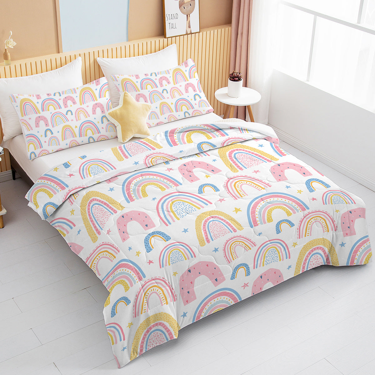 Rainbow Pattern Comforter Set For Women Pink And Yellow Rainbow Star Comforter 3 Piece With 2 Pillow Shams 1 Comforter And 2 Pillow Shams  Twin Full Queen King Size