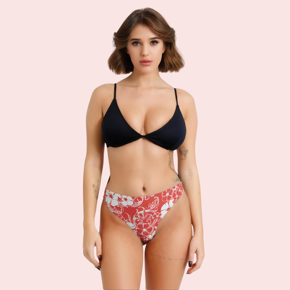 Red & White Floral Print High-Cut Thong Bikini Bottom (Bottom Only)