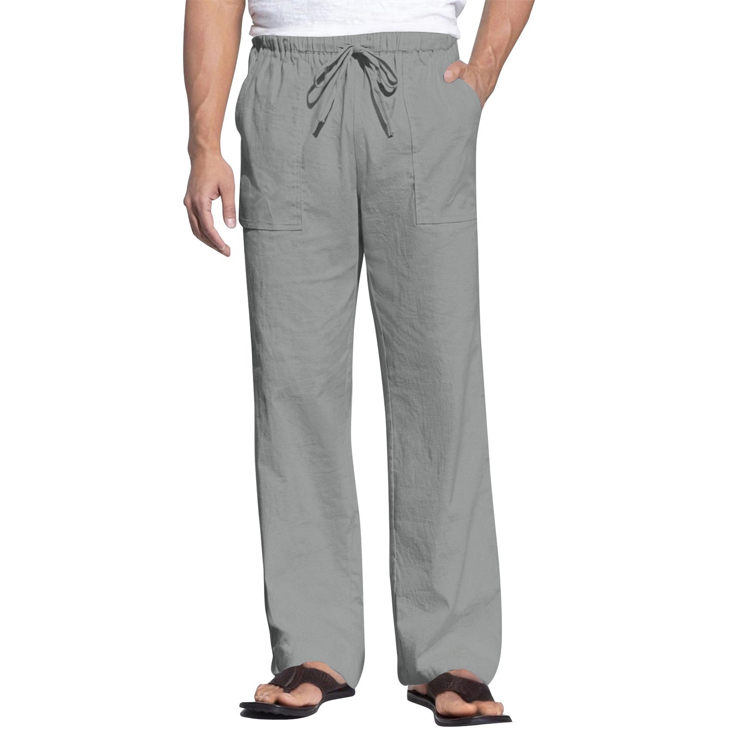 Men's Cotton And Linen Beach Trousers Drawstring Elastic Waist Straight Comfortable Breathable