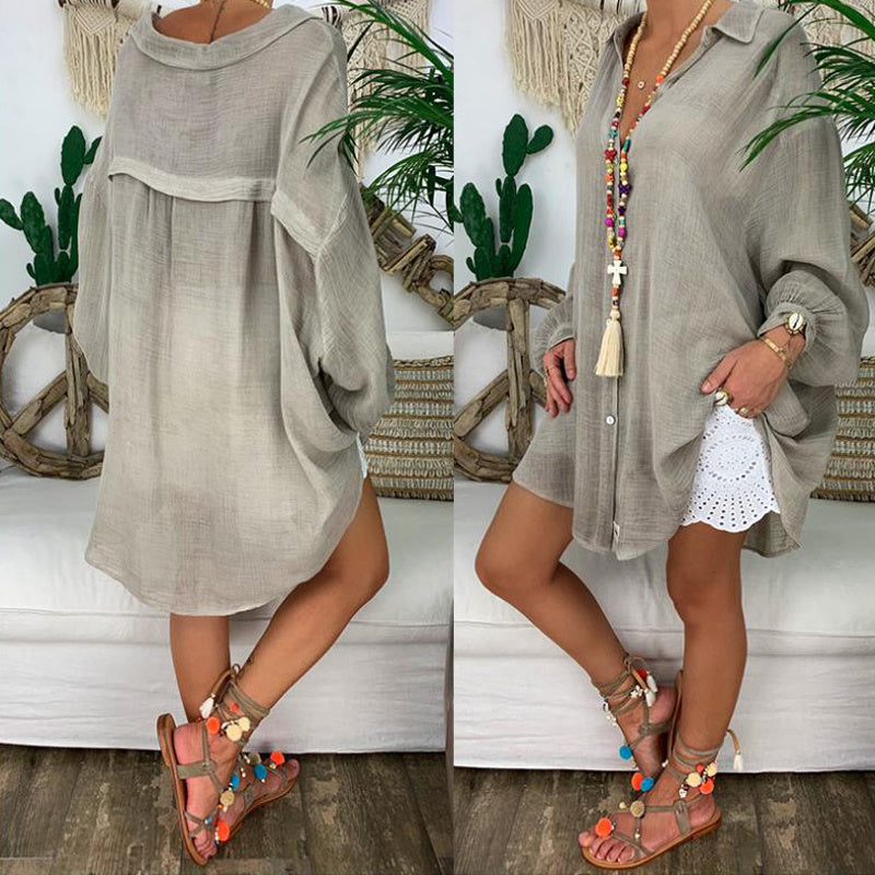 Plus Size Women's Solid Color Notch Lapel Long Sleeve Dress With Button Front Sheer Lightweight Midi Dress For Summer