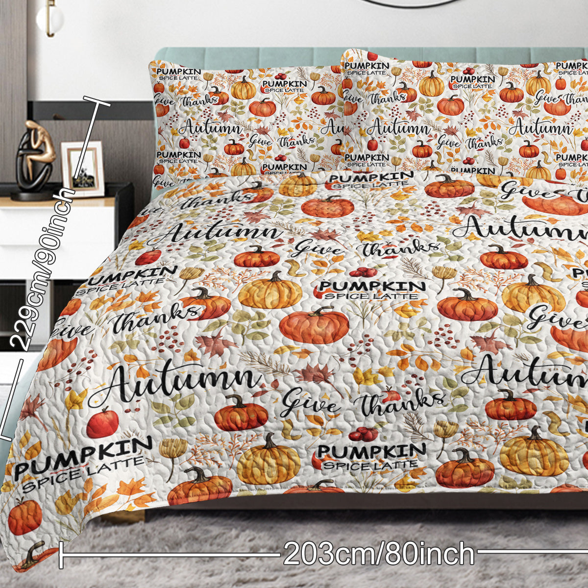 Pumpkin Autumn Leaves Design Quilt Set 3 Pieces Queen King Size All Seasons Bedding Quilt Bed Set With 2 Pillowcases For Kids Teens Adults Bedroom Decor Thanksgiving