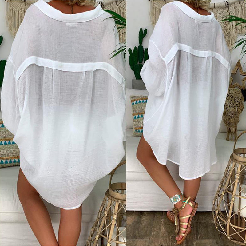 Plus Size Women's Solid Color Notch Lapel Long Sleeve Dress With Button Front Sheer Lightweight Midi Dress For Summer