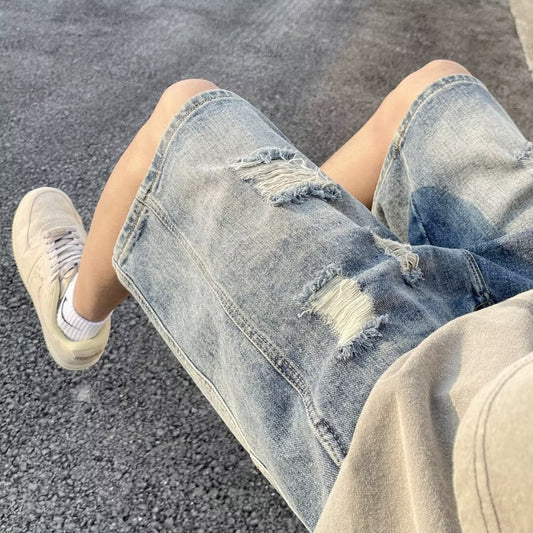 American-style Retro Tattered Jeans Men's Shorts Denim