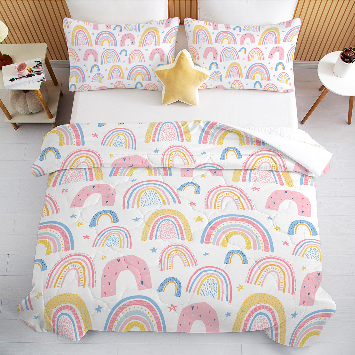 Rainbow Pattern Comforter Set For Women Pink And Yellow Rainbow Star Comforter 3 Piece With 2 Pillow Shams 1 Comforter And 2 Pillow Shams  Twin Full Queen King Size