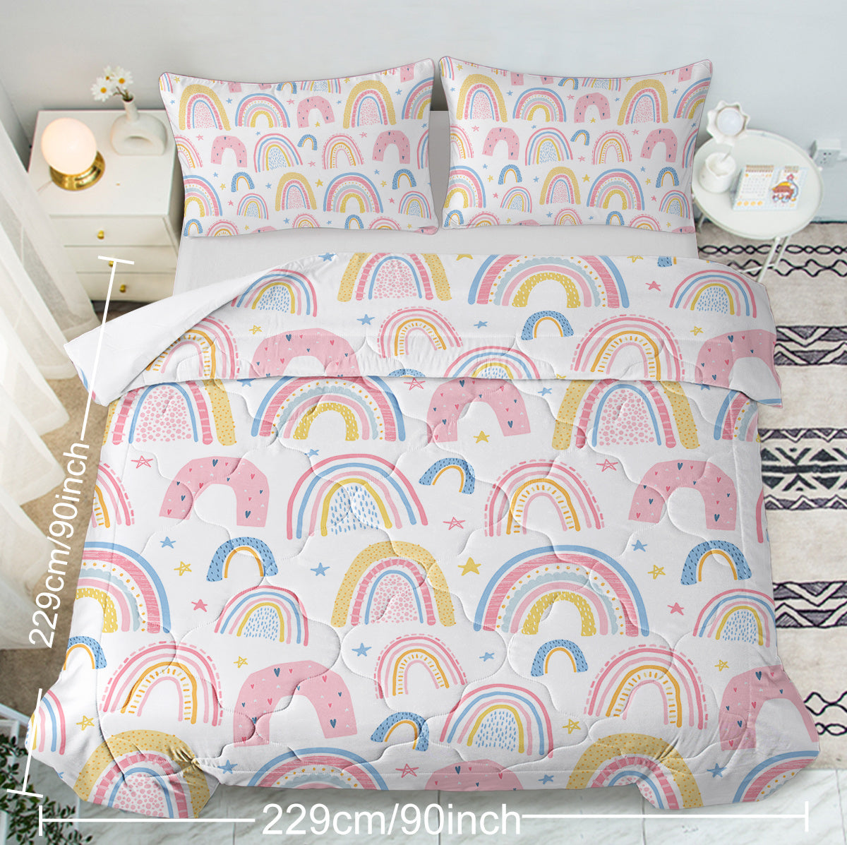 Rainbow Pattern Comforter Set For Women Pink And Yellow Rainbow Star Comforter 3 Piece With 2 Pillow Shams 1 Comforter And 2 Pillow Shams  Twin Full Queen King Size