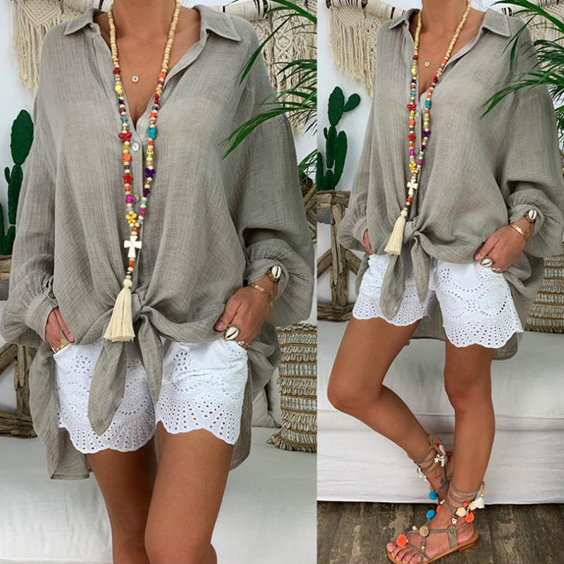 Plus Size Women's Solid Color Notch Lapel Long Sleeve Dress With Button Front Sheer Lightweight Midi Dress For Summer