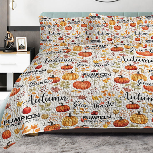Pumpkin Autumn Leaves Design Quilt Set 3 Pieces Queen King Size All Seasons Bedding Quilt Bed Set With 2 Pillowcases For Kids Teens Adults Bedroom Decor Thanksgiving