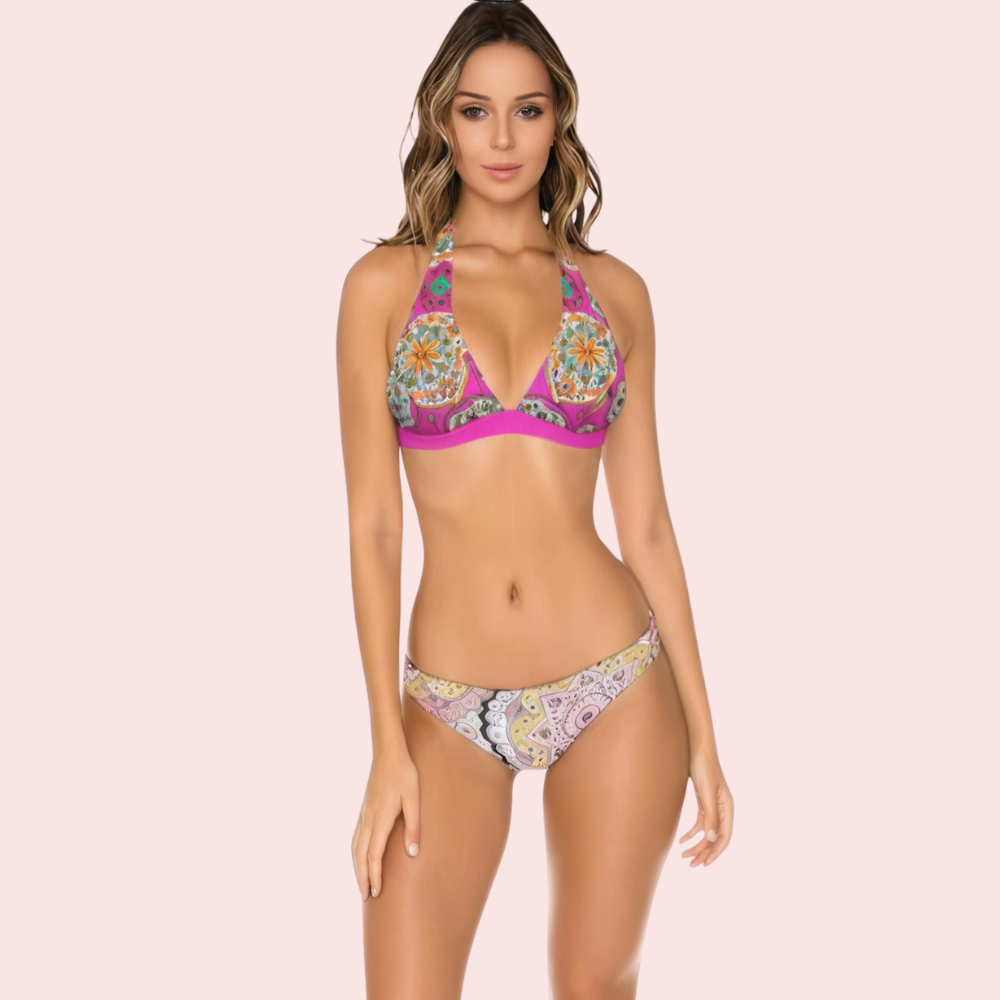 Pink Geometric Mandala Halter Bikini Top (Top Only)