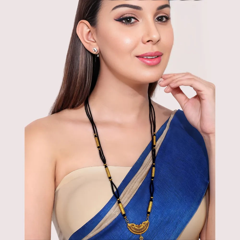 Traditional Crescent Pendant Long Mangalsutra with Gold-Toned Beads