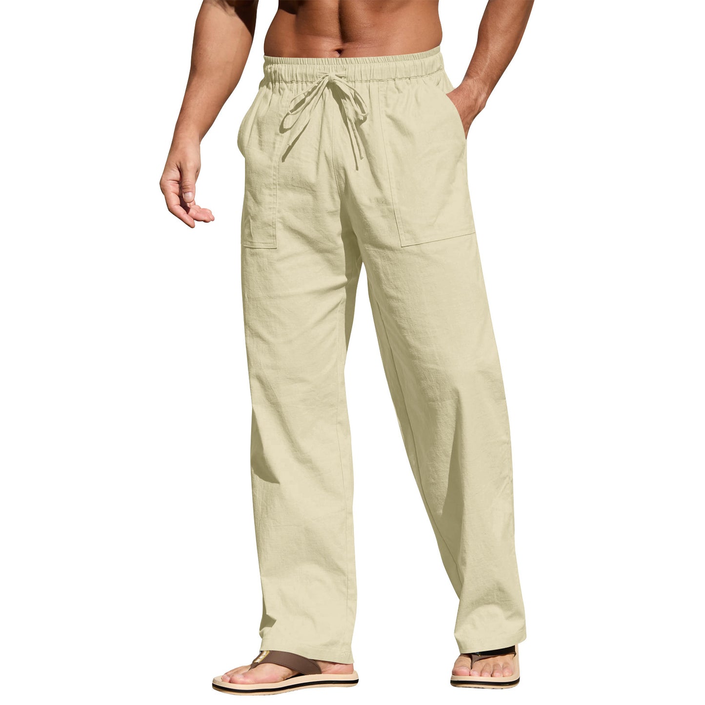 Men's Cotton And Linen Beach Trousers Drawstring Elastic Waist Straight Comfortable Breathable