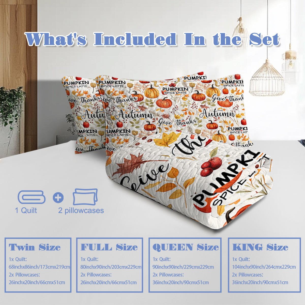 Pumpkin Autumn Leaves Design Quilt Set 3 Pieces Queen King Size All Seasons Bedding Quilt Bed Set With 2 Pillowcases For Kids Teens Adults Bedroom Decor Thanksgiving