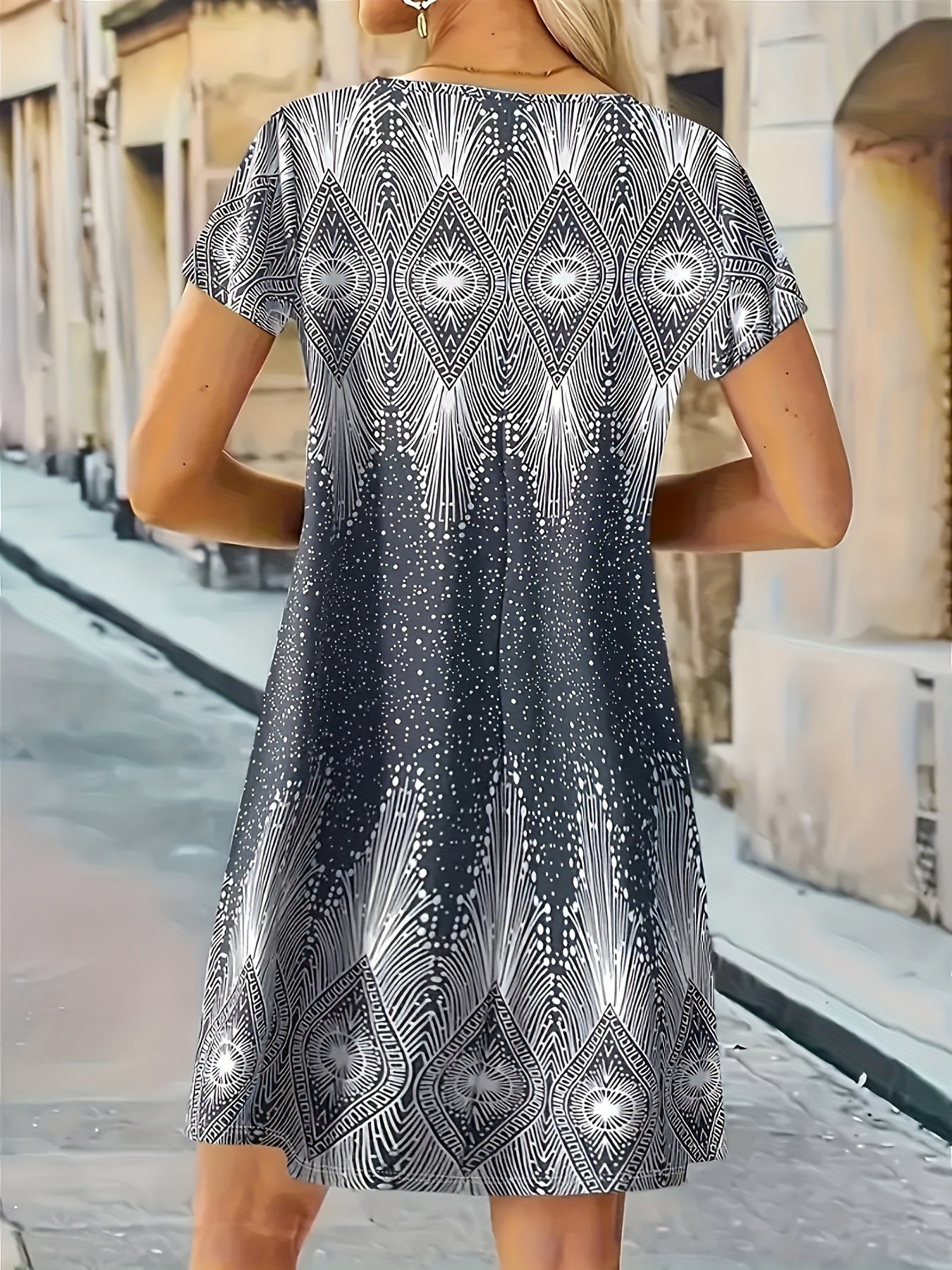 Women's Printed Casual Short Sleeve V Neck Dress