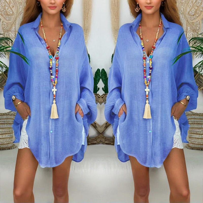 Plus Size Women's Solid Color Notch Lapel Long Sleeve Dress With Button Front Sheer Lightweight Midi Dress For Summer