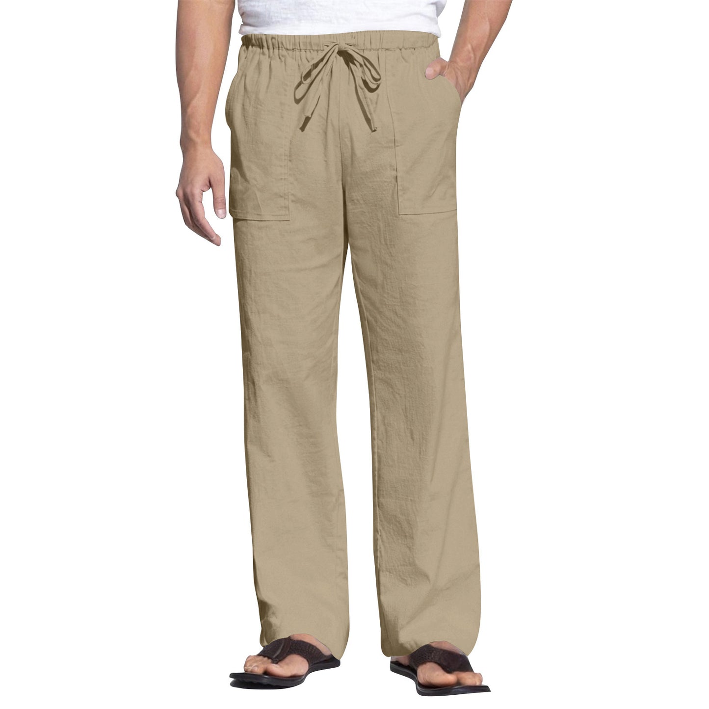 Men's Cotton And Linen Beach Trousers Drawstring Elastic Waist Straight Comfortable Breathable