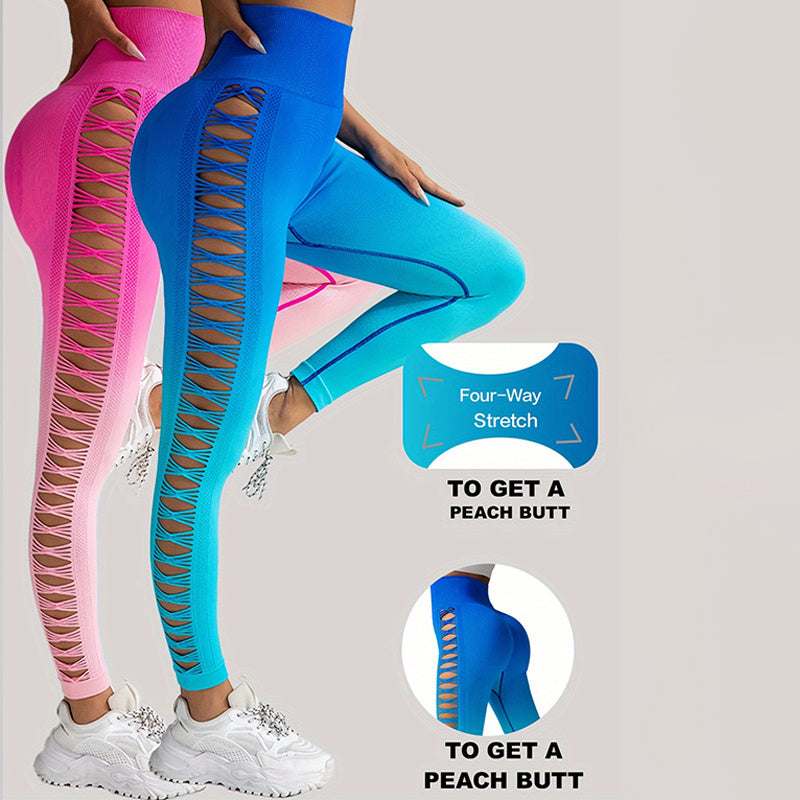 2 Pack Cut Out Ombre Gradient Color Hollow High-waist Butt-lifting Fitness Women's Yoga Pants, Women's High Waist Yoga Pants Cutout Ripped Super Soft And Comfortable Skinny
