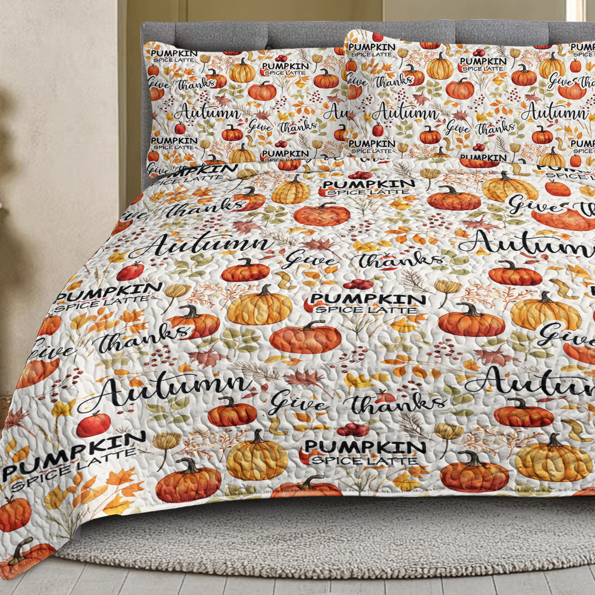 Pumpkin Autumn Leaves Design Quilt Set 3 Pieces Queen King Size All Seasons Bedding Quilt Bed Set With 2 Pillowcases For Kids Teens Adults Bedroom Decor Thanksgiving