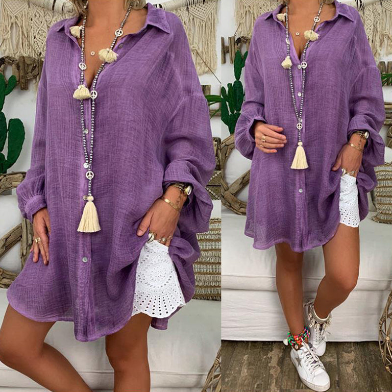 Plus Size Women's Solid Color Notch Lapel Long Sleeve Dress With Button Front Sheer Lightweight Midi Dress For Summer