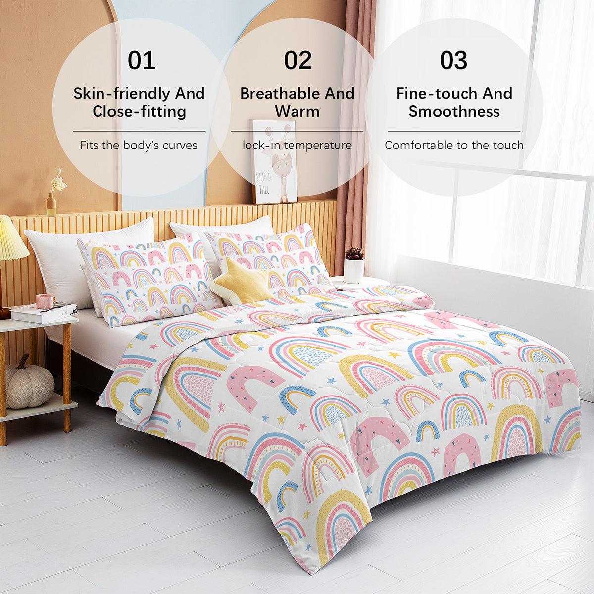Rainbow Pattern Comforter Set For Women Pink And Yellow Rainbow Star Comforter 3 Piece With 2 Pillow Shams 1 Comforter And 2 Pillow Shams  Twin Full Queen King Size
