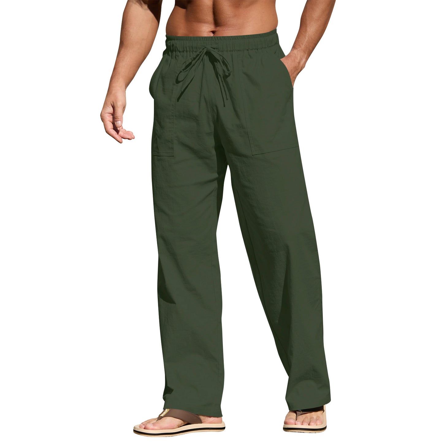 Men's Cotton And Linen Beach Trousers Drawstring Elastic Waist Straight Comfortable Breathable