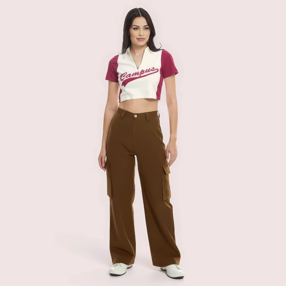 "Campus Cool" Zip Polo Crop Top – Maroon & White